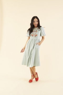 womens blue green embroidered side-panel modest dress